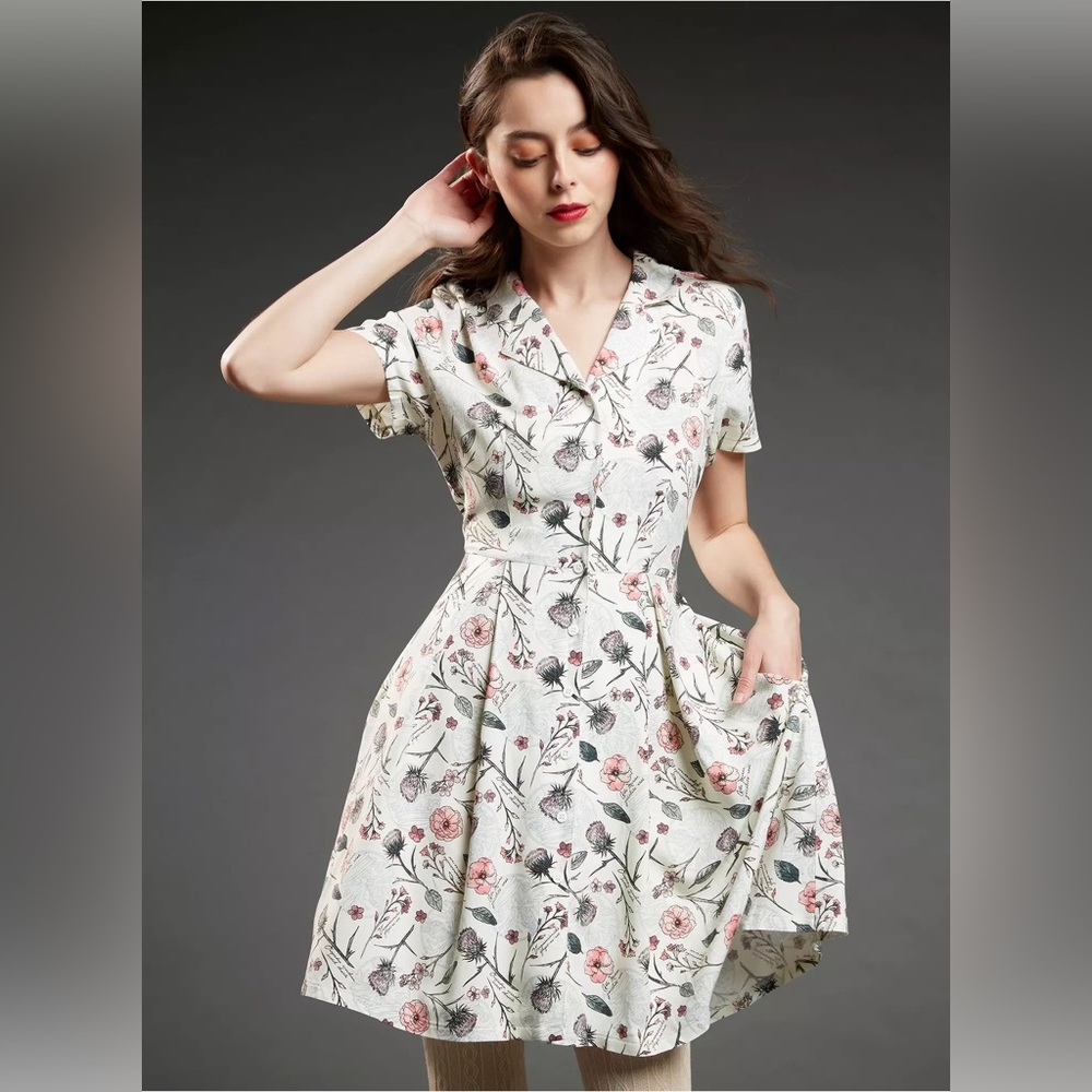 OUTLANDER BOTANICAL FLORAL BUTTON-FRONT COLLARED CLAIRE DRESS! 1940 Retro Pocket